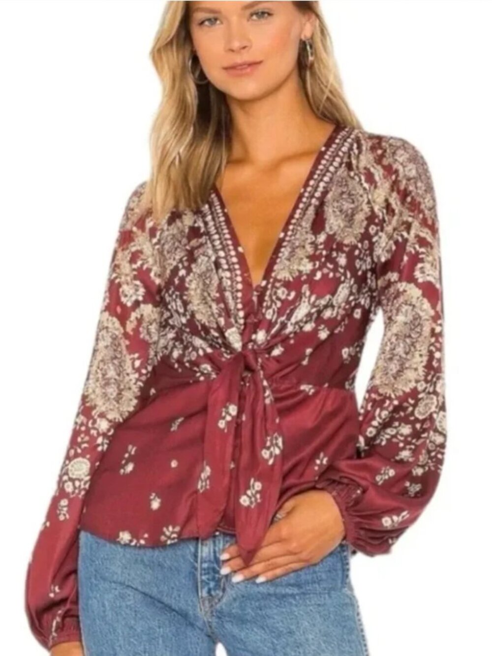 FREE PEOPLE Gold & Burgundy Run Free Long Bell Sleeve Top - SIZE XS